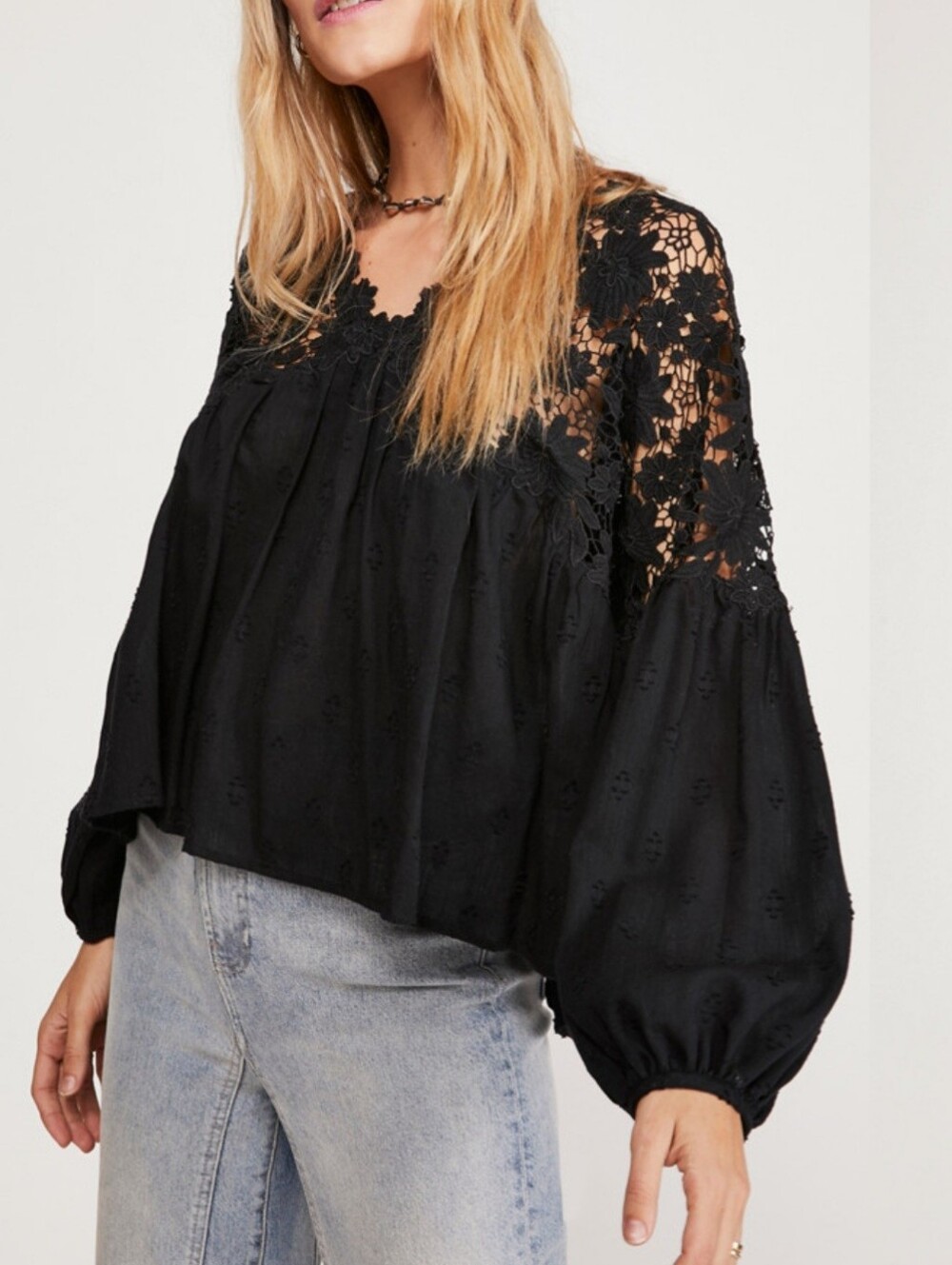 Free People Black Crochet Yoke Peasant Blouse